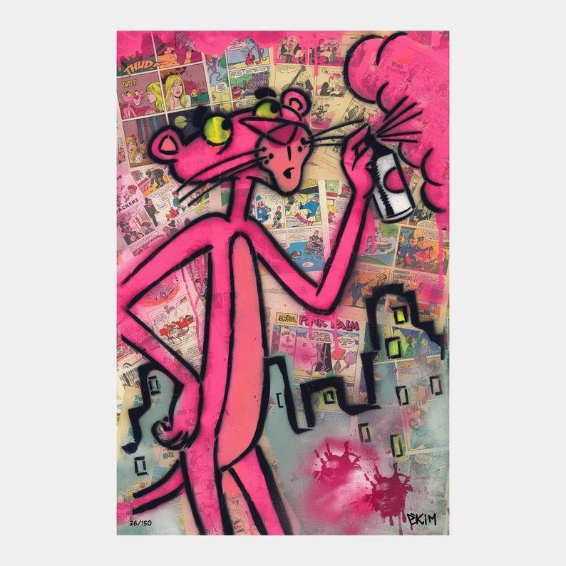 Pink Panther Street Art Graffiti Limited Edition Print, Poster with Spray Can by Ekim, Frameless paper posters Unframe