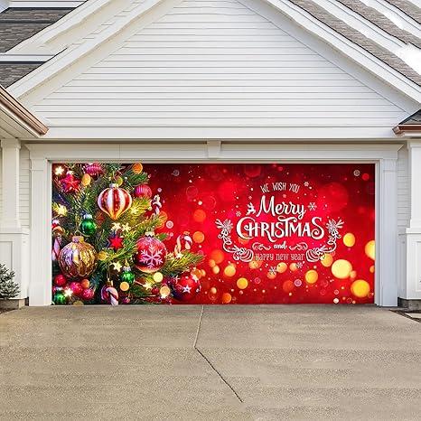 Large Merry Christmas Garage Door Banner - 7x8ft, 7x16ft, Outdoor Wall Decor, Christmas Garage Door Cover, Holiday Decoration, Waterproof, Durable, Easy to Install, Reusable