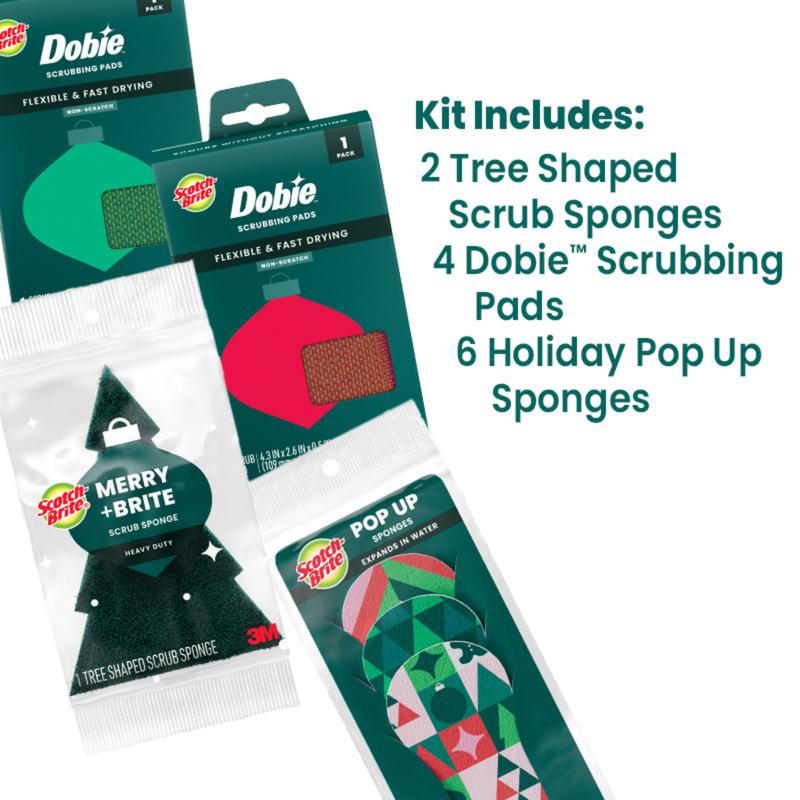 Merry & Brite Holiday Kit - Includes 6 Pop-Up Sponges, 4 Dobie Scrubbing Pads and 2 Tree Shaped Heavy-Duty Scrub Sponge