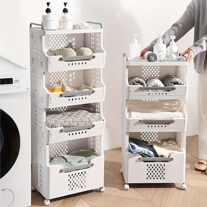 LDECO 3 4Packs Foldable Storage Baskets With Wheels Clothes Shelf Baskets Home Organizers Bathroom Toilet Rack Laundry Basket Aesthetic Kitchen Box