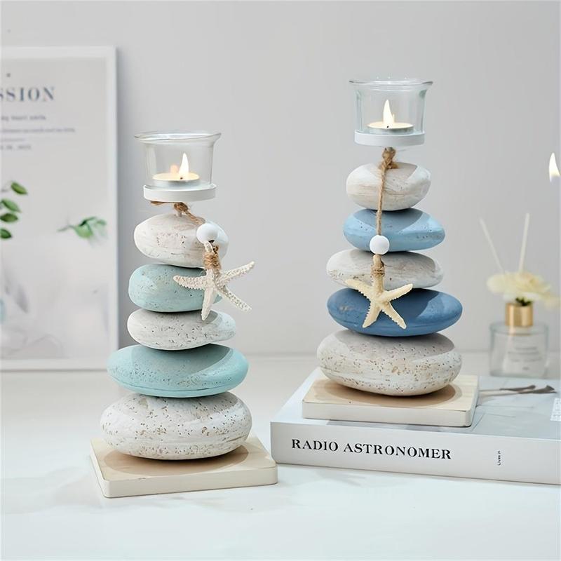 Random Color Stone & Starfish & Shell Design Candle Holder, 1 Count Mediterranean Style Decorative Candle, Desktop Decoration for Home Living Room Bedroom, without Candle