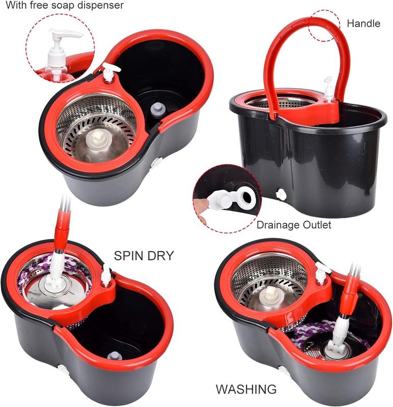 Black Spin Mop Bucket Set with 2pcs Microfiber Round Replacement Heads - Home Cleaning Stainless Steel and PP Material