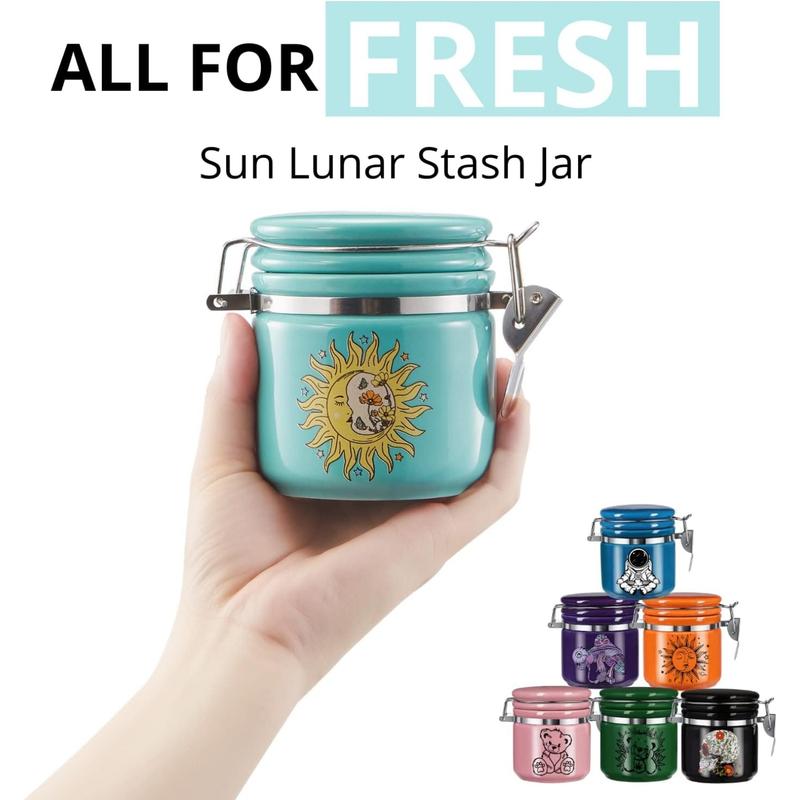 Sun Lunar Smell Proof Jar Half Oz (250ml), Stash Jar Airtight Container - Separate Space for Humidity  Smell Proof Jar Stash Container Cute Storage Box Case, Clay Odor Proof Container, Turquoise