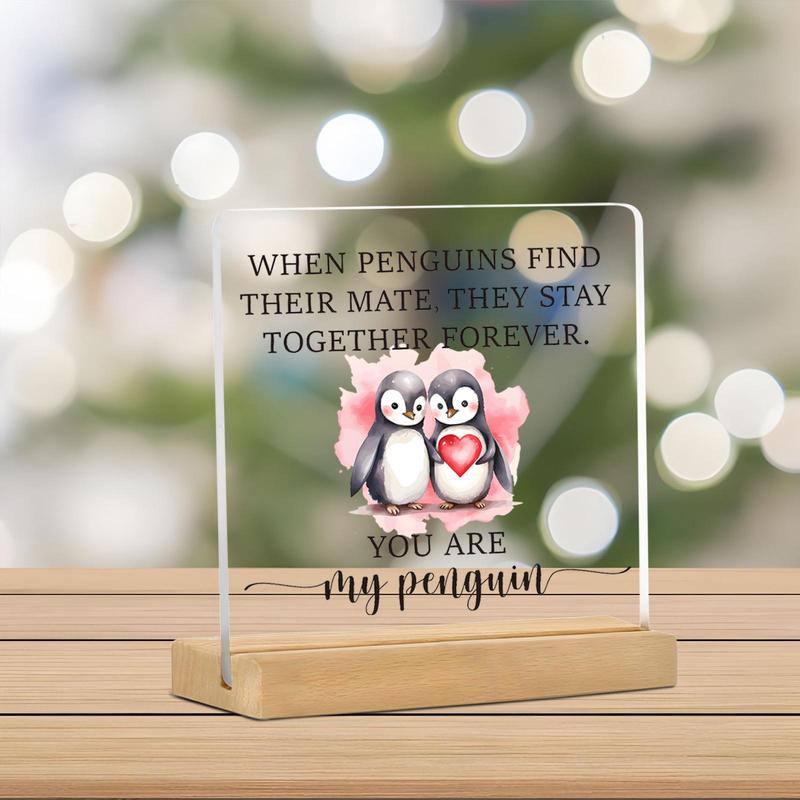 Cute Penguin & Letter Pattern Acrylic Desktop Ornament, 1 Count Creative Home Decor Plaque, Desktop Decoration Sign for Living Room Bedroom Office