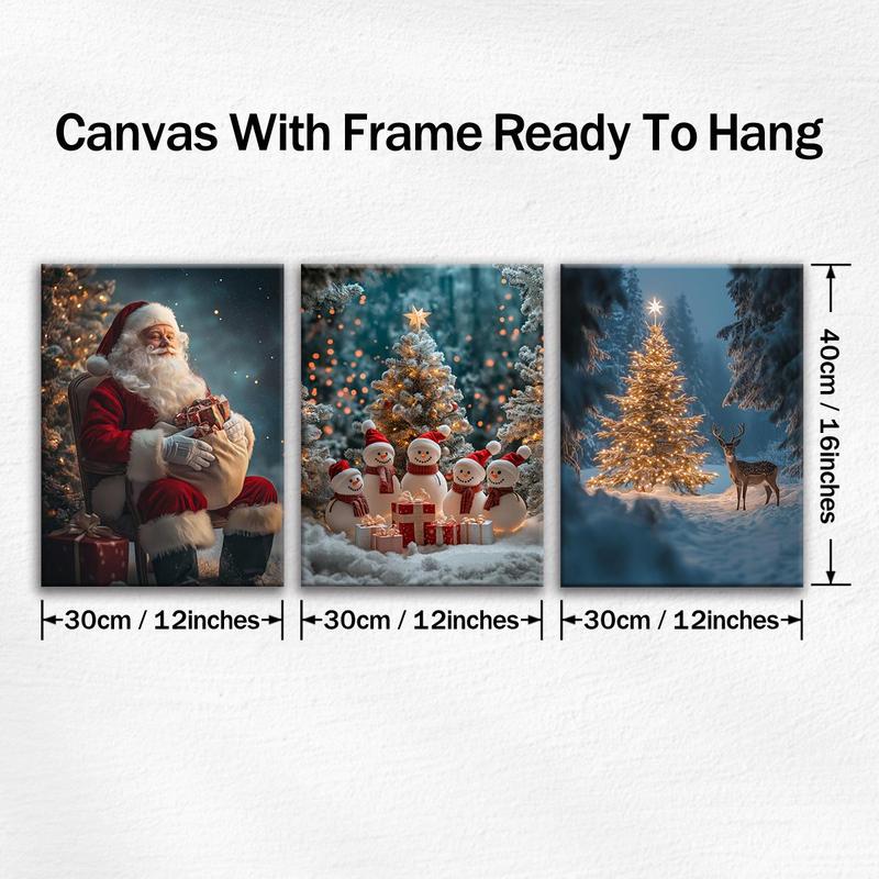 Christmas Wooden Framed Canvas Painting, 3 Counts set Winter Christmas Snow Scene Wall Art, Waterproof Wall Decor  for Home Living Room Bedroom Office