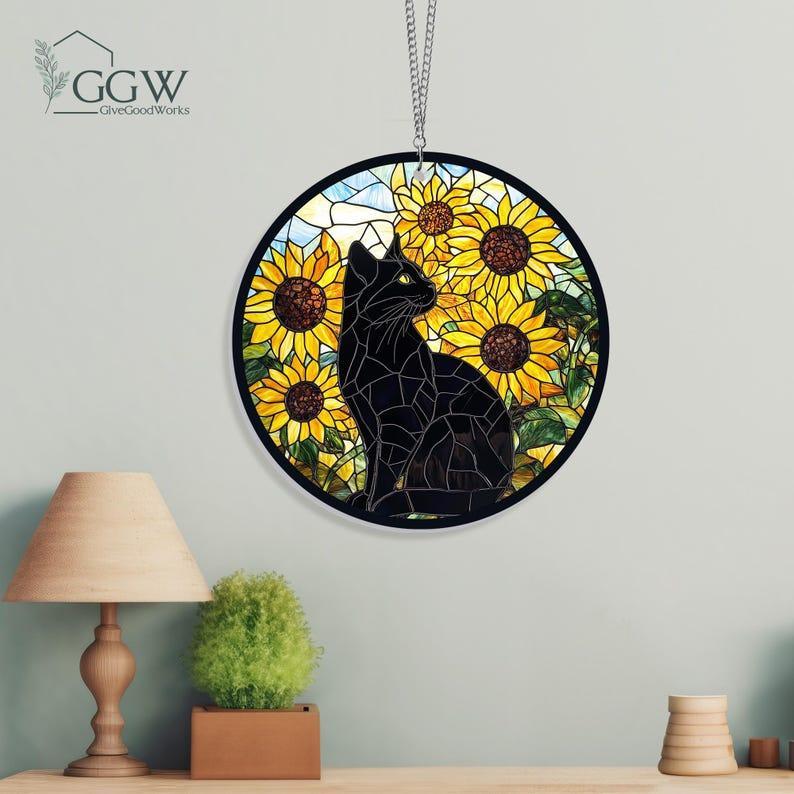 Sunflower Black Cat Suncatcher Hanging Sign, Cat Decor, Cat Lovers, Cat Memorial, Gift for Cat Lovers, Sunflower Gift for Mom, Memorial Gift