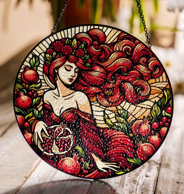 Persephone Stained Glass SunCatcher Persephone Greek Goddess Window Hanging Protection Charm Pomegranate Home Decor Gift