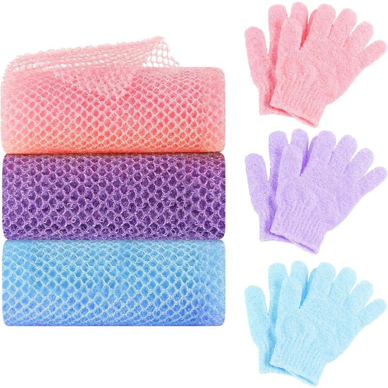 6 Pack African Net Sponge Exfoliating Glove Set, 3 Bath Sponge Body Scrubber Back Scrubber and 3 Pairs Exfoliating Gloves as Stocking Stuffers for Adults