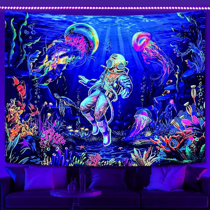 Under The Sea Tapestry, UV Reactive Colorful Coral Plant Jellyfish Diver Wall Astronaut Tapestry for Bedroom Decor 36×48 Inch