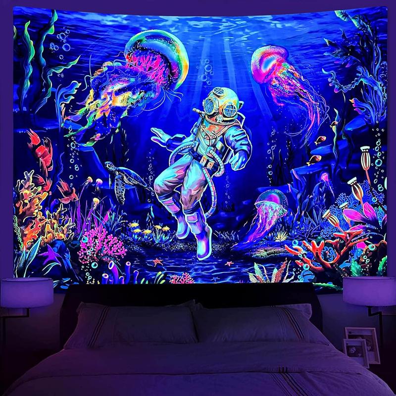 Under The Sea Tapestry, UV Reactive Colorful Coral Plant Jellyfish Diver Wall Astronaut Tapestry for Bedroom Decor 36×48 Inch