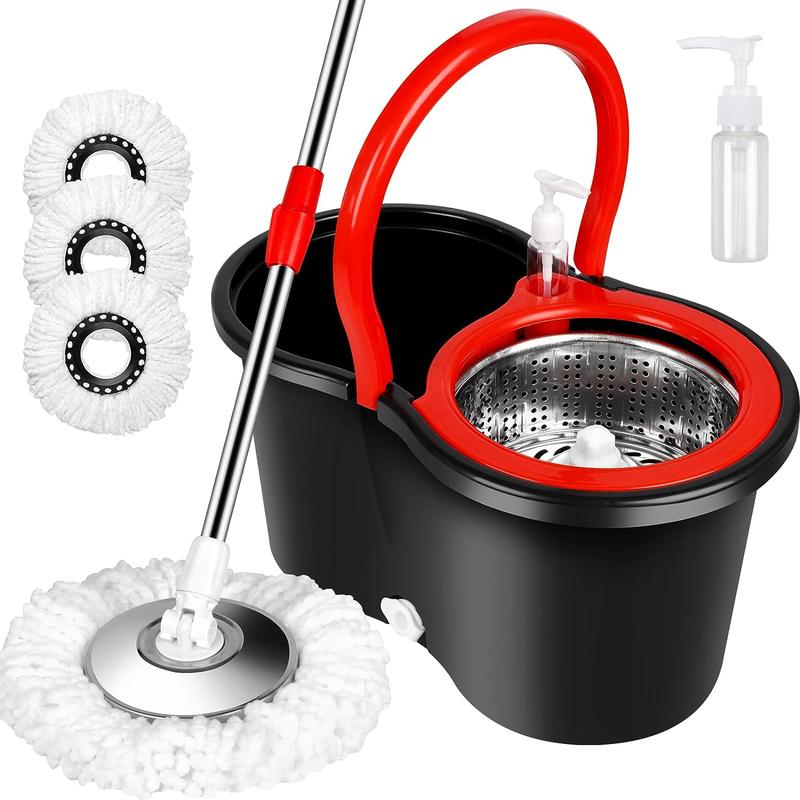 Black Spin Mop Bucket Set with 2pcs Microfiber Round Replacement Heads - Home Cleaning Stainless Steel and PP Material