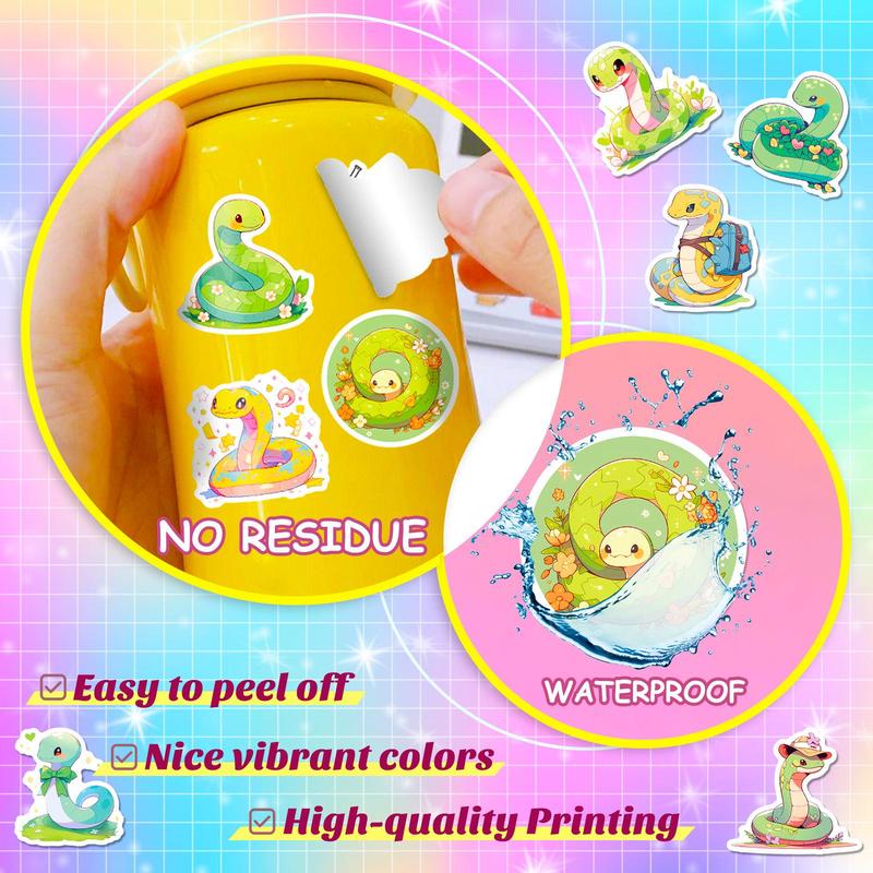 50pcs Cartoon Snake Series Sticker, Waterproof Sticker Pack for Wall Water Bottle Skateboard Helmet Car Bike Luggage Laptop