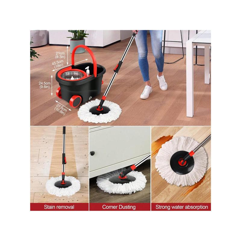 Plus Sized Mop Bucket Set, 3 Replacement Heads, Extended Handle, Convenient For Moving Mop Bucket With Wheels, Suitable For Living Room, Bedroom, Kitchen, Office (3 Mop Head + Bucket)