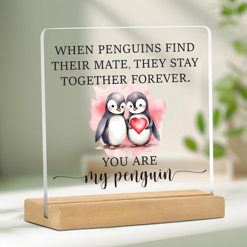 Cute Penguin & Letter Pattern Acrylic Desktop Ornament, 1 Count Creative Home Decor Plaque, Desktop Decoration Sign for Living Room Bedroom Office