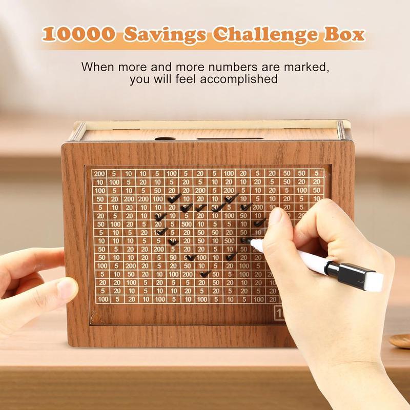 10000 Kakeibo Wooden Money Saving Challenge Box Cash Vault Piggy Bank for Adults Kids Savings Goals Smash Box Saver for Boys and Girls