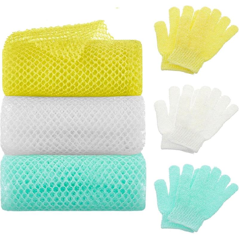 6 Pack African Net Sponge Exfoliating Glove Set, 3 Bath Sponge Body Scrubber Back Scrubber and 3 Pairs Exfoliating Gloves as Stocking Stuffers for Adults