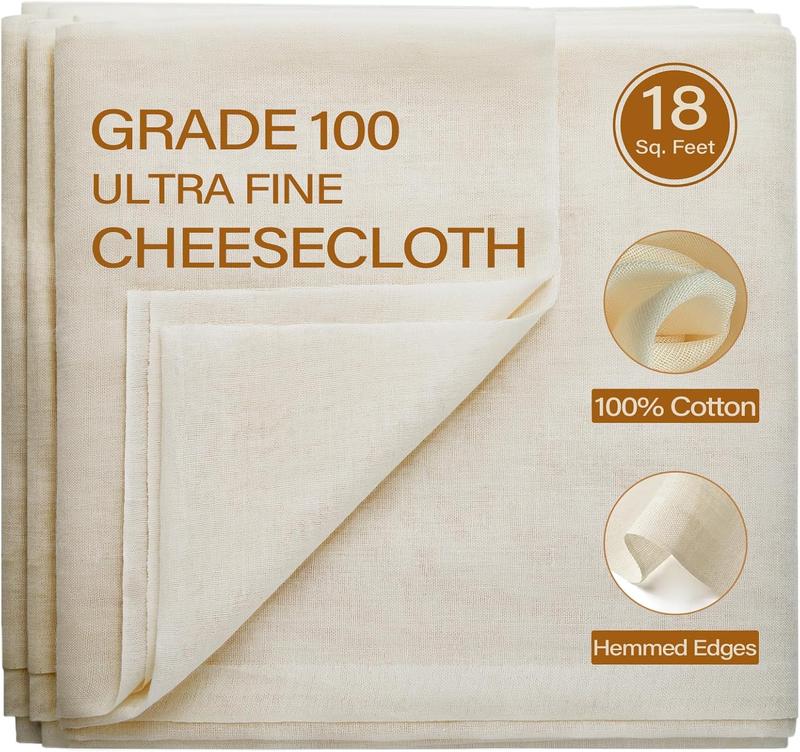 Cheesecloth, 18 Square Feet Grade 100 Cheese Cloths for Straining Reusable, Washable, Lint Free and Ultra Fine Mesh Unbleached Pure Cotton Muslin Cloths for Cooking with Hemmed 2 Edges (2 Yards)