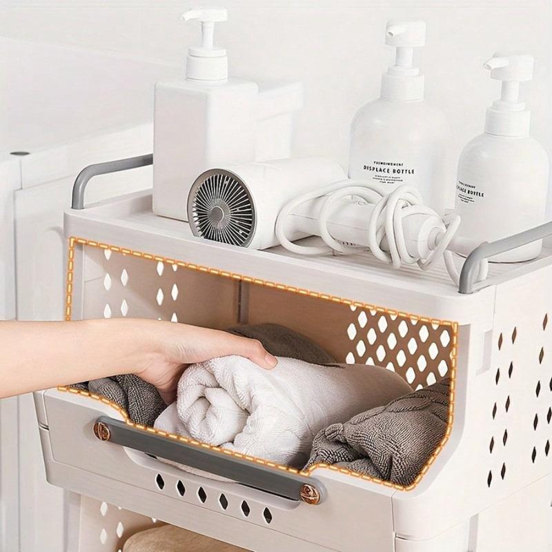 LDECO 3 4Packs Foldable Storage Baskets With Wheels Clothes Shelf Baskets Home Organizers Bathroom Toilet Rack Laundry Basket Aesthetic Kitchen Box