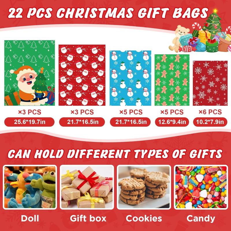 22PCS Christmas Gift Bags, 5 Styles Christmas Bags for Gifts, Holiday Reusable Christmas Gift Bags (3 X-Large, 3 Large, 5 Medium, 5 Small, 6 Mini) & 22 Cards & 16 Ribbons & 40 Ties