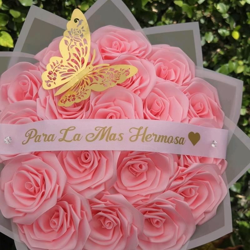 18 Pink Hermosa Eternal Rose Bouquet Custom Ribbon Gift Decor Decorative Flower Room arrangement flores eternas liston ribbon