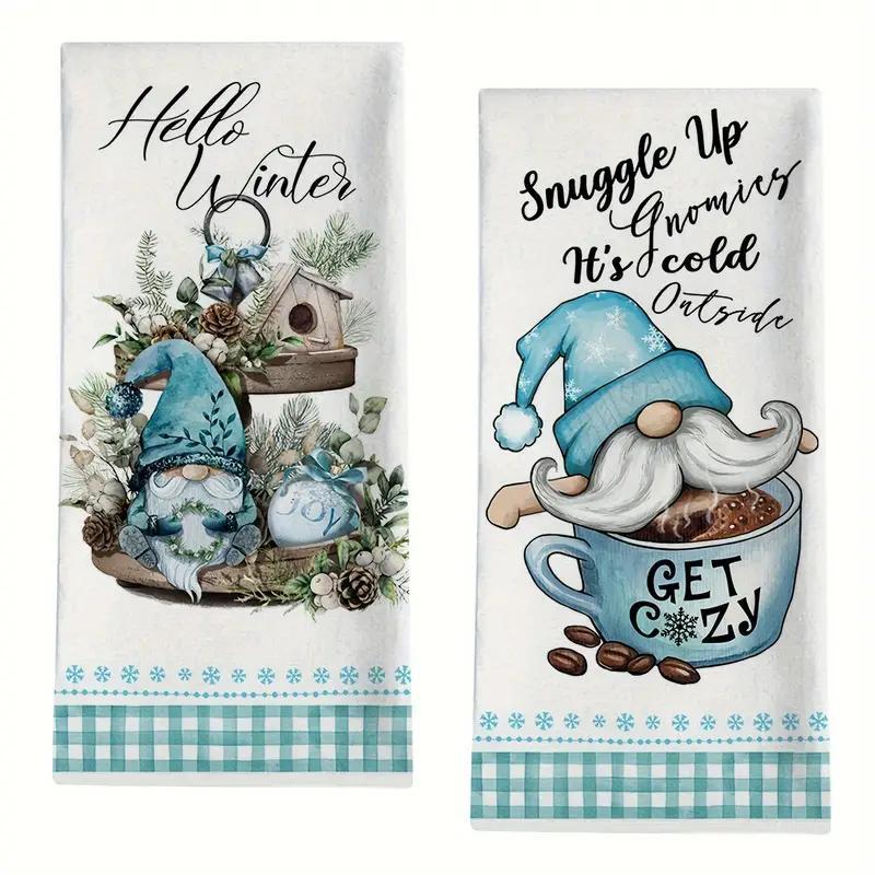 Winter Dwarf Pattern Kitchen Towel, 2 Counts set Soft Absorbent Dishcloth, Hand Towel for Drying & Cooking, Kitchen Decor