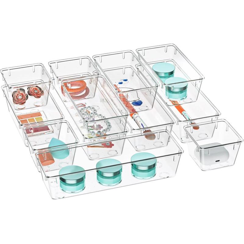 9 Pack Clear Drawer Organizer Set, Acrylic Drawer Storage Trays, Storage Bins for Makeup, Cosmetics, Jewelries, Utensils, Gadgets, Office, Sea Blue Boxes