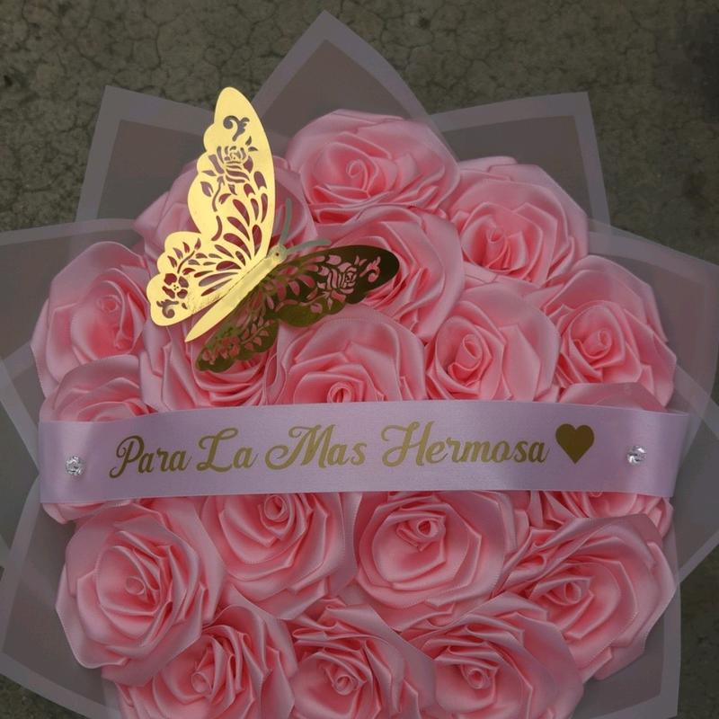 18 Pink Hermosa Eternal Rose Bouquet Custom Ribbon Gift Decor Decorative Flower Room arrangement flores eternas liston ribbon