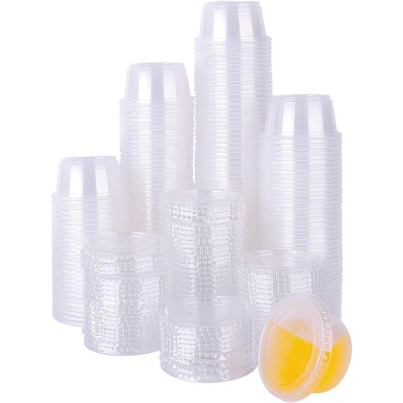 200 Pack of 2-Ounce Disposable Plastic Jello Shot Cups with Lids, Souffle Portion Container, 2 oz-200 Sets, Clear