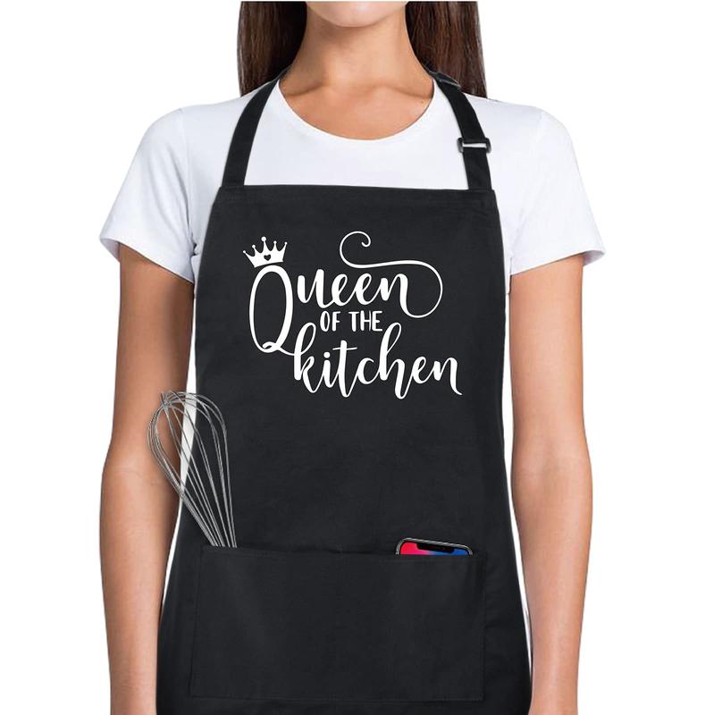 Cotton Funny Aprons for Women Queen of The Kitchen with 2 Pockets Chef Cooking Baking Adjustable Bib Apron Gifts from Daughter Son Husband for Mom Grandma Wife Mother's Day