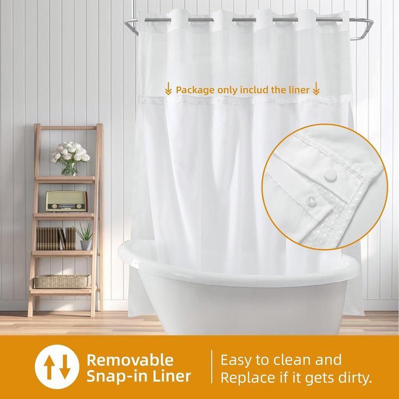 1 Pack White Fabric Snap-in Shower Curtain Liner Replacement - Compatible with No Hook Shower Curtain. Removable, Water-Repellent & Machine Washable (70x54).