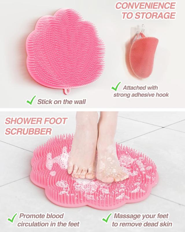 Upgrade Shower Foot  Scrubber & Bath Glove Set(2 PCS), Hands-Free  Scrubber for Shower, Wall-Mounted Shower Brush with  &  Scrubber and Free Adhesive Hook. (Pink)