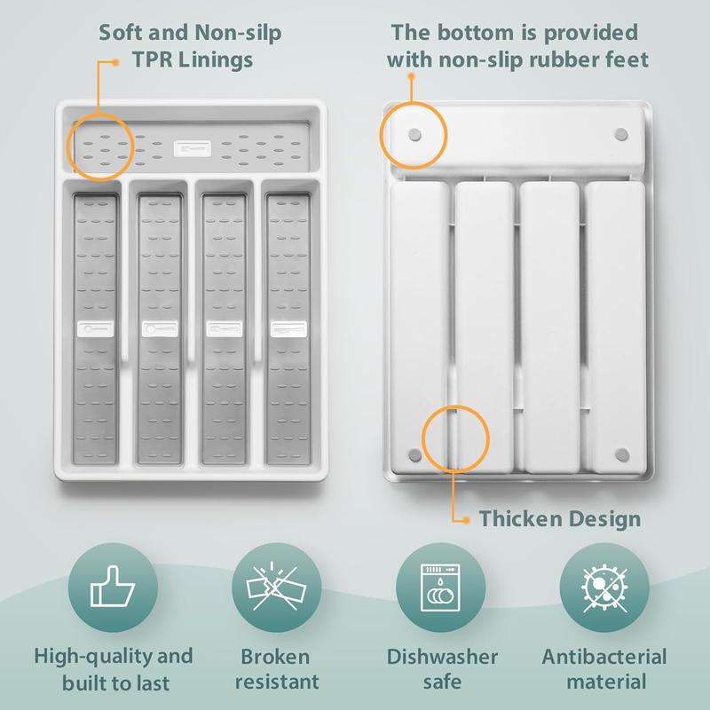 Silverware Organizer with Icons Plastic Cutlery silverware Tray for Drawer Utensil Flatware Tableware Organizer for Kitchen with Non-slip TPR,Fits Standard Drawer,5-Compartment  Grey Boxes