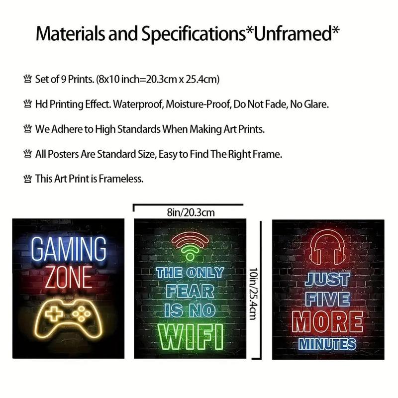 Game Themed Neon Gamer Quotes Posters, 9 Counts Creative Wall Art without Frame, Modern Wall Art for Living Room, Bedroom, Office, Bar