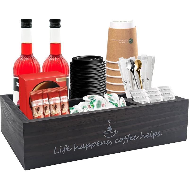 Coffee Station Organizer, Farmhouse Coffee Bar Accessories Organizer Basket for Countertop Office Coffee Station, Wooden Tray for Coffee Supplies and Essentials, Sugar, Syrup, Tea