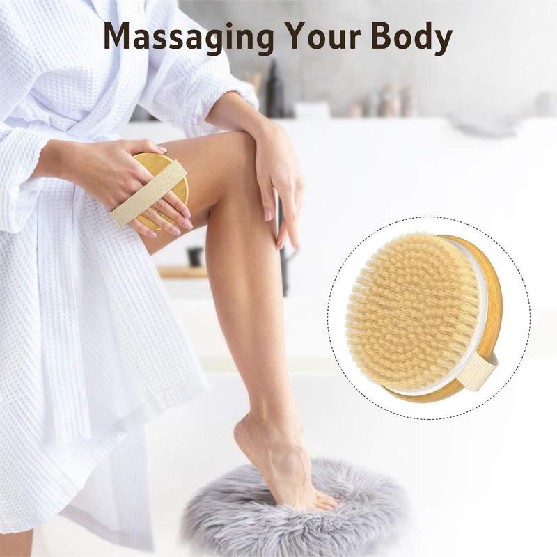 2 Pack Bamboo Dry Body Brushes, Shower Brush Wet and Dry Brushing, Dry Brush for Cellulite and Lymphatic, Body Scrubber with Soft and Stiff Bristles, Suitable for All Kinds of Skin