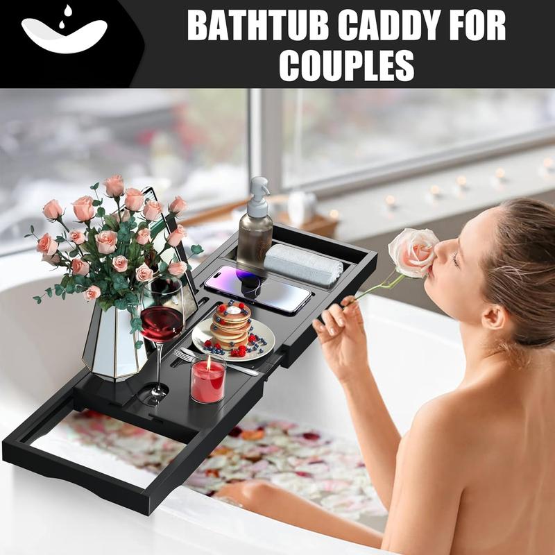 Foldable Bathtub Tray Table, Bamboo Bathtub Caddy Tray for Tub with Book Holder for Luxury Bath, Bathroom Accessories for Women Men with Free Soap Dish (Semi-Simple, Black)