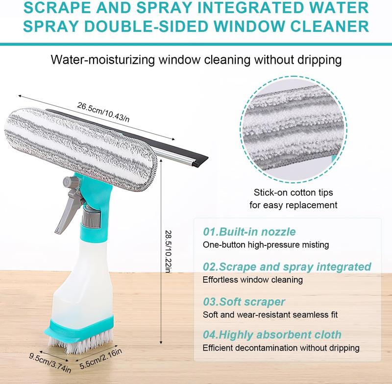 Multifunction Window Cleaner Tool, 4 in 1 Kit (with Spray Bottle, Squeegee, Microfiber Washer Head), Cleaning Tool for Home Glass Car Window Cleaning