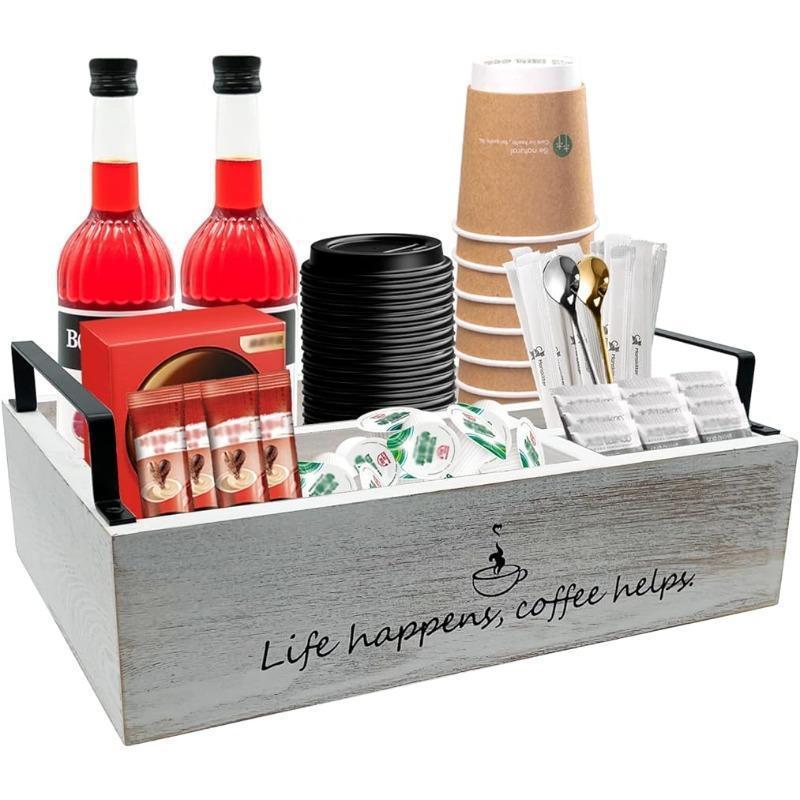 Coffee Station Organizer, Farmhouse Coffee Bar Accessories Organizer Basket for Countertop Office Coffee Station, Wooden Tray for Coffee Supplies and Essentials, Sugar, Syrup, Tea