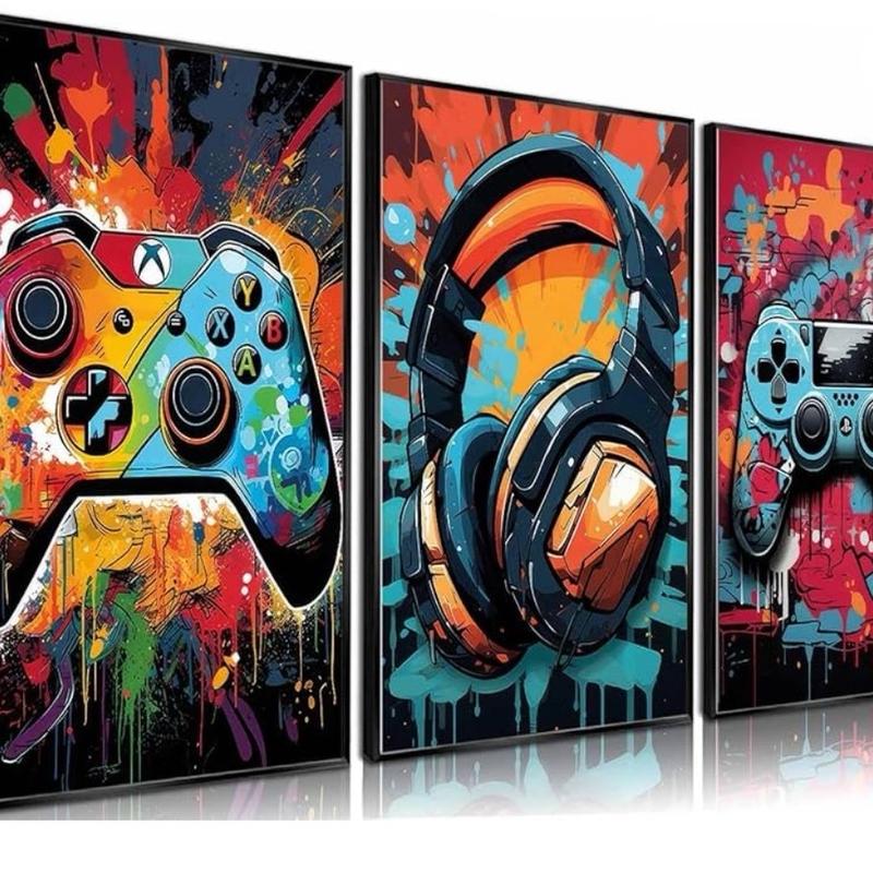 3Pcs Cool Gaming Wall Art Retro Video Game watercolor Posters Pictures Colorful Neon Gamepad Canvas Painting Prints for Boys Room Kids Game Room Bedroom for Boys Home Decoration 12x16in Unframed