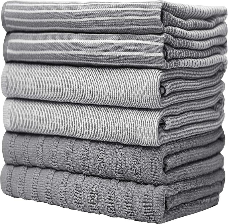 Premium Kitchen,Hand Towels (20”x 28”, 6 Pack) Large Cotton, Dish, Flat & Terry Towel Highly Absorbent Tea Towels Set with Hanging Loop Gray