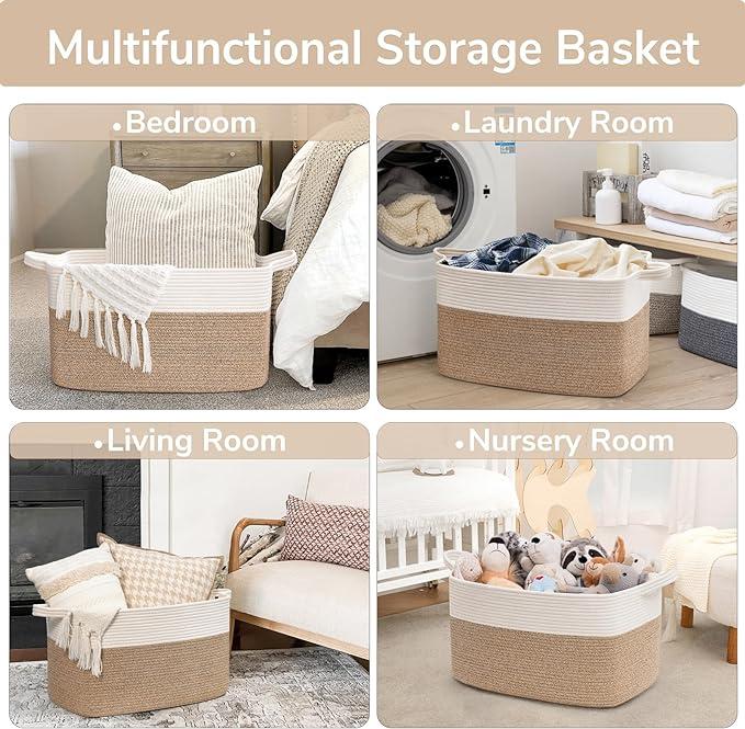 Goodpick Large Rectangle Blanket Basket, Woven Basket for Laundry, Living Room, Bedroom, 21.6