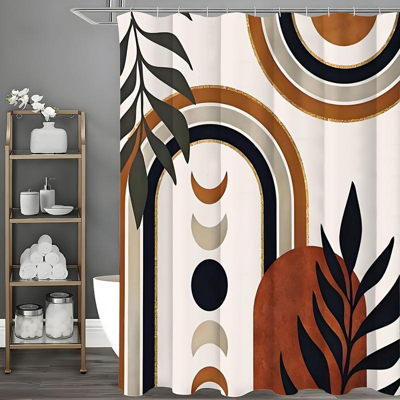 Boho Abstract Mid Century Shower Curtain for Bathroom Decor Geometric Leaves Moon Phase Modern Minimalist Aesthetic Arch Brown Black Fabric Waterproof Polyester 12 Pack Hooks