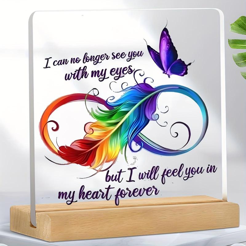 Butterfly & Feather & Letter Pattern Acrylic Plaque, Creative Wooden Base Desktop Ornament, Home Decor for Living Room Bedroom Office, Gifts Ideas