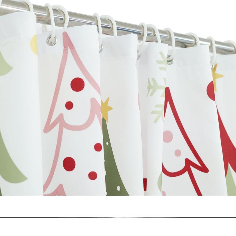 Merry Christmas Shower Curtain, Winter Xmas Tree Snowflake Holiday Red and Green Waterproof Fabric Machine Washable for Bathroom Bathtub Decor with Hooks 72