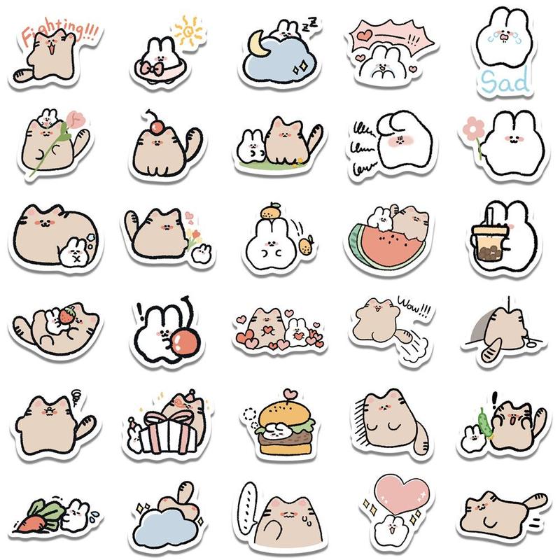 Easter Ornaments, 60pcs Cute Spring Cartoon Cat & Rabbit Series Stickers, DIY Waterproof Decorative Stickers for Laptop, Guitar, Water Bottle & Skateboard, Easter Essentials, Easter Decorations