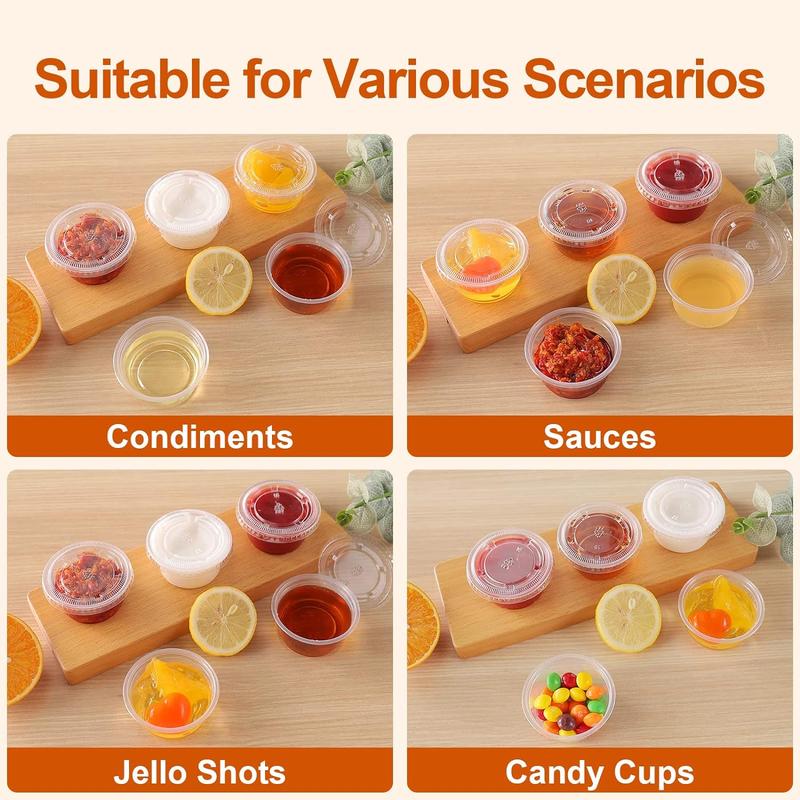 200 Pack of 2-Ounce Disposable Plastic Jello Shot Cups with Lids, Souffle Portion Container, 2 oz-200 Sets, Clear