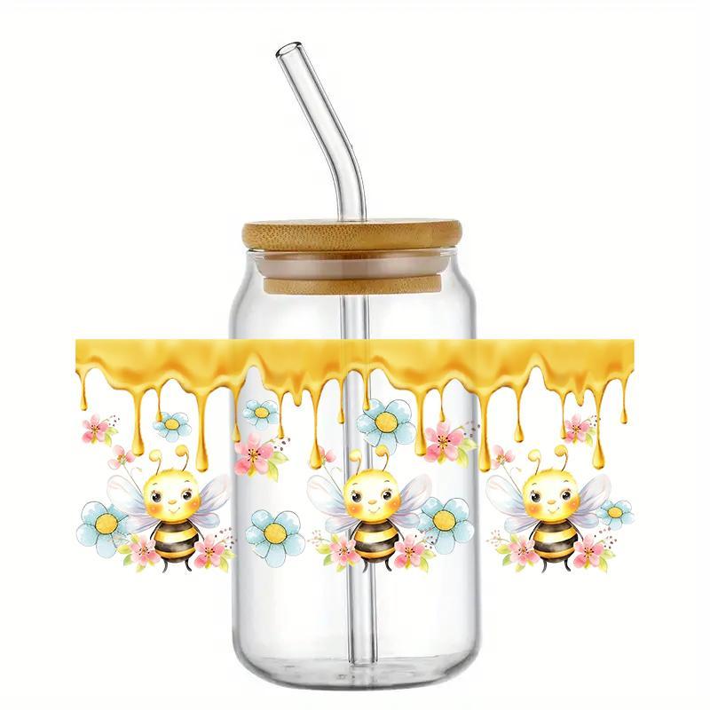 Bee & Flower Pattern UV DTF Cup Wraps Decals, 5 Counts set Waterproof Self-adhesive Stickers for 16 OZ Glass Can Wrap, DIY Transfer Stickers for Bee Lovers for Cups Bottles Glass