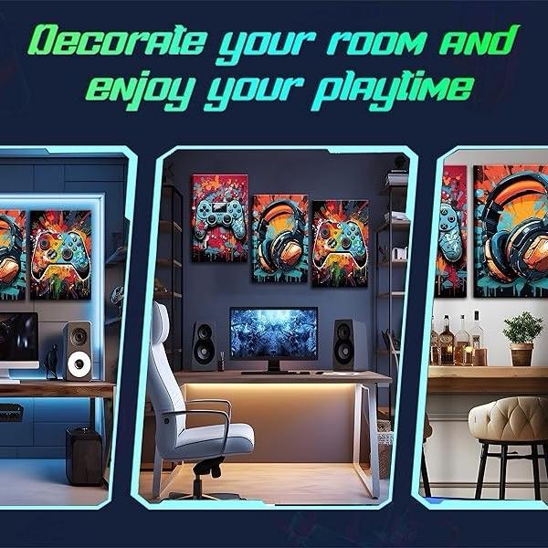 3Pcs Cool Gaming Wall Art Retro Video Game watercolor Posters Pictures Colorful Neon Gamepad Canvas Painting Prints for Boys Room Kids Game Room Bedroom for Boys Home Decoration 12x16in Unframed