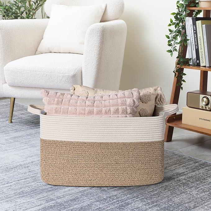 Goodpick Large Rectangle Blanket Basket, Woven Basket for Laundry, Living Room, Bedroom, 21.6