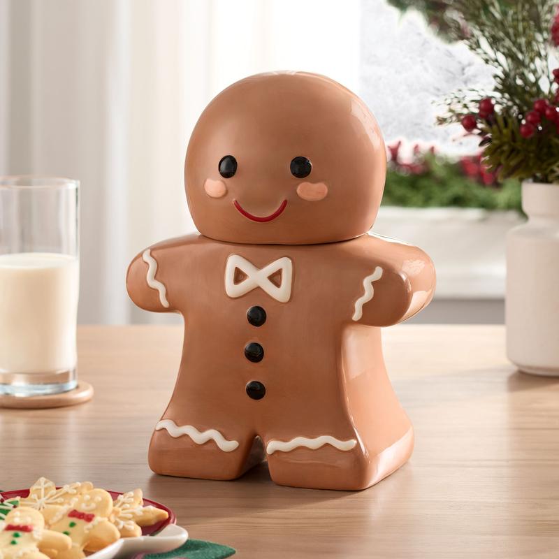 Holiday Time 57-Oz Gingerbread Man Glazed Earthenware Ceramic Treat Jar with Lid, Multicolor